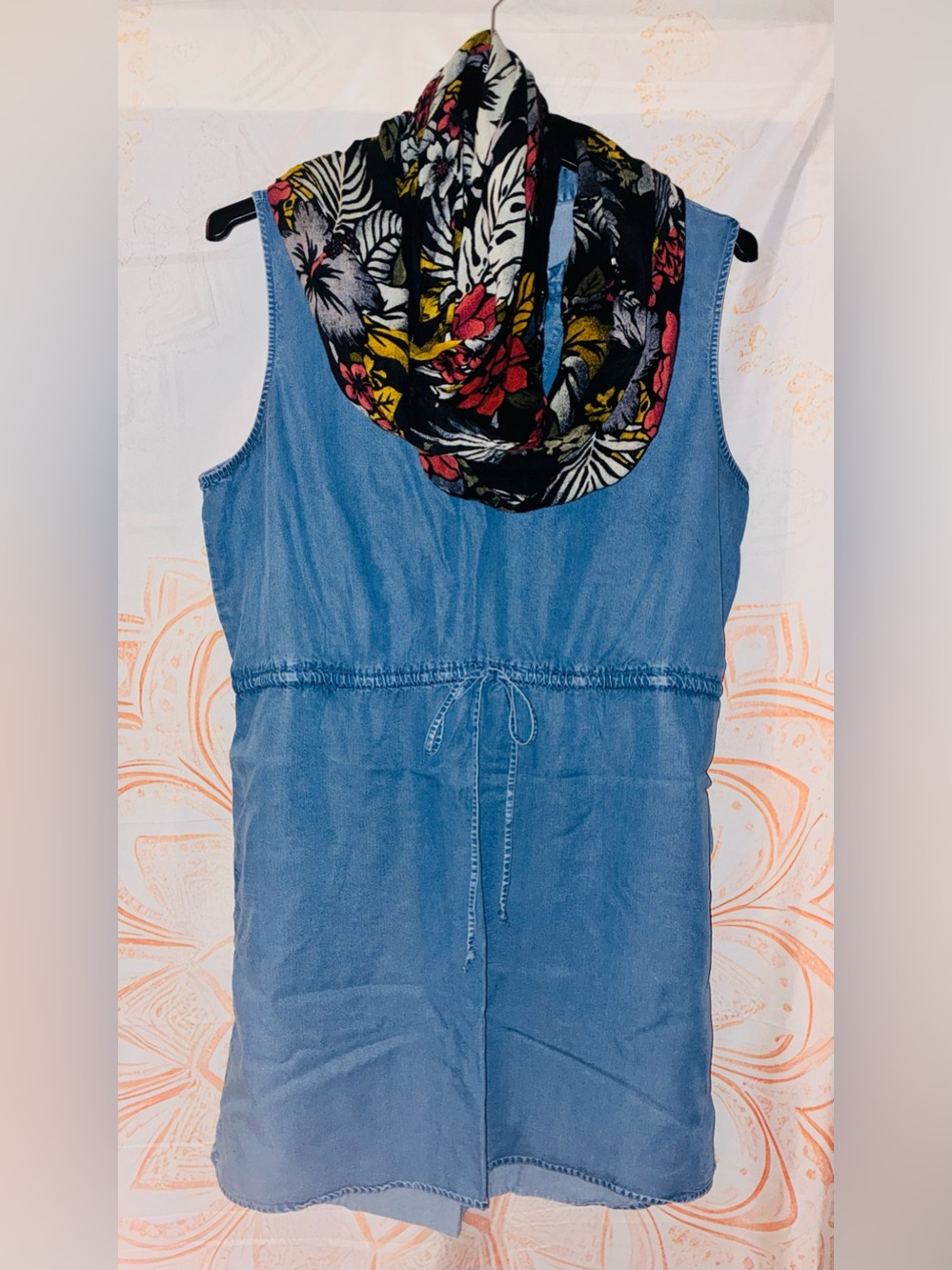 GAP Light Blue Denim Midi Dress with Pockets & Scarf